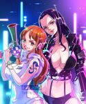  2girls arm_tattoo black_hair black_jacket bracelet breasts cleavage cropped_jacket cyberpunk earphones gun jacket jewelry large_breasts leotard long_hair long_sleeves looking_at_viewer midriff moroi multiple_girls nami_(one_piece) nico_robin official_alternate_costume one_piece open_clothes open_jacket orange_hair smile tattoo twitter_username weapon 