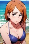  1girl ai-generated averting_eyes beach bikini breasts brown_hair collarbone commentary day eyelashes jujutsu_kaisen ks_(kstv) kugisaki_nobara large_breasts looking_to_the_side navel ocean outdoors parted_bangs parted_lips pink_lips short_hair solo stomach swimsuit upper_body water 