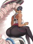  1girl absurdres arms_(game) ass ass_focus bare_shoulders breasts dark-skinned_female dark_skin drill_hair earrings gonzarez highres huge_ass jewelry long_hair looking_at_viewer mask pants pink_hair smile solo thighs twin_drills twintails twintelle_(arms) very_long_hair 