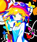  1girl absurdres amitie_(puyopuyo) black_background blonde_hair blush_stickers brown_gloves dot_nose gloves green_eyes highres holding holding_staff long_sleeves looking_to_the_side offbeat puyopuyo puyopuyo_fever red_amitie red_headwear robe short_hair smile solo staff upper_body white_robe 