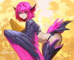  1girl animal_ears ass bird_ears bird_legs bird_tail black_feathers centralhanyuu commentary feathered_wings feathers harpy leaning_forward looking_at_viewer medium_hair monster_girl original pink_feathers pink_hair red_eyes solo tail tail_feathers twitter_username two-tone_tail two-tone_wings winged_arms wings 