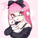  1girl :p animal artist_name black_bow bow cat collarbone commentary_request eyelashes holding holding_animal holding_cat inkling inkling_girl inuowour long_hair milestone_celebration pawpads pink_hair pointy_ears red_eyes signature simple_background single_bare_shoulder splatoon_(series) thank_you tongue tongue_out upper_body whiskers white_background white_fur 