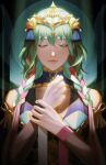  1girl absurdres bare_shoulders braid byleth_(female)_(fire_emblem) byleth_(fire_emblem) closed_eyes closed_mouth commentary_request cosplay fire_emblem fire_emblem:_three_houses fire_emblem_heroes green_hair hair_between_eyes hair_ornament highres lips long_hair official_alternate_costume own_hands_together pink_lips pink_ribbon ribbon ribbon_braid shenye_yuu solo sothis_(fire_emblem) sothis_(fire_emblem)_(cosplay) tiara twin_braids white_ribbon 