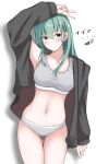  1girl abataa absurdres aqua_hair blush bra breasts grey_bra grey_pants hair_ornament hairclip highres jacket kantai_collection large_breasts long_hair looking_at_viewer lying open_clothes open_jacket pants solo sports_bra suzuya_(kancolle) underwear 