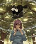  1girl absurdres animal black_cat brown_eyes camera cat closed_mouth flcl hair_between_eyes highres holding holding_camera monlopolo red_hair reflection sad sailor_collar samejima_mamimi takkun_(flcl) tree water 