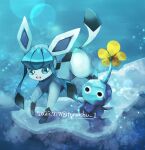 :d black_eyes crossover dated flower fog glaceon green_eyes ice open_mouth pikmin_(series) pokemon smile sparkle standing tomashuu yellow_flower 