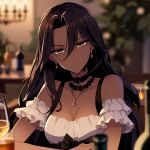  ace_combat ace_combat_4 ai-generated alcohol brown_eyes brown_hair crossover dark-skinned_female dark_skin dress earrings jewelry long_hair necklace non-web_source strike_witches world_witches_series yellow_4 