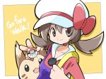  1girl bow cabbie_hat closed_mouth collarbone drop_shadow furret hair_between_eyes hat hat_bow long_hair looking_at_viewer lyra_(pokemon) pokemon pokemon_(creature) pokemon_(game) pokemon_hgss pokewalker rascal red_bow smile solo split_mouth twintails white_headwear 