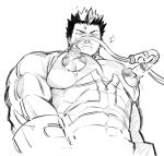  1boy bara bare_pectorals body_blush bodysuit boiled_heroes boku_no_hero_academia covered_abs cropped_torso endeavor_(boku_no_hero_academia) facial_hair from_below frown greyscale highres large_pectorals male_focus male_lactation mature_male milking_machine monochrome muscular muscular_male mustache no_scar open_bodysuit open_clothes pectoral_press pectorals short_hair sideburns solo spiked_hair stubble surprised unzipped 