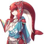  1girl bara_(totocos) bracelet breasts colored_skin fang fins fish_girl head_fins head_tail highres jewelry looking_at_viewer mipha multicolored_skin procreate_(medium) red_skin simple_background small_breasts solo the_legend_of_zelda toga white_background yellow_eyes zora 