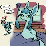  &lt;3 1:1 absurd_res ambiguous_gender anon anthro bed blue_body blue_fur blush butt canid digital_media_(artwork) duo eeveelution embrace english_text eyes_closed female_(lore) fingers fur furniture generation_4_pokemon glaceon green_eyes hi_res holding_partner hug human inside itsunknownanon looking_at_viewer looking_back mammal nintendo on_bed open_mouth open_smile pokemon pokemon_(species) question_mark sitting sitting_on_bed smile snaggle_tooth speech_bubble tail tail_motion tailwag teeth television text tongue 