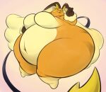  2023 anthro big_breasts breasts chubby_cheeks curvy_figure featureless_breasts female fur fusion generation_1_pokemon generation_4_pokemon hi_res hoodah huge_hips hybrid long_tail lopunny navel nintendo obese obese_anthro obese_female overweight overweight_anthro overweight_female pokemon pokemon_(species) raichu raipunny simple_background solo tail thick_thighs voluptuous wide_hips yellow_body yellow_fur 