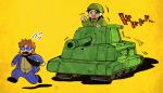  2boys alternate_costume army black_eyes black_hair black_scarf blue-tinted_eyewear blue_jacket blue_pants brown_hair brown_shirt chibi commentary_request flying_sweatdrops helmet highres hyoudou_kazuya inudori itou_kaiji jacket kaiji long_hair looking_at_another male_focus military_vehicle motor_vehicle multiple_boys open_mouth pants running scarf shirt short_hair smile soldier tank tinted_eyewear yellow_background 