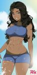  1girl abs artist_name avatar:_the_last_airbender avatar_legends black_hair blue_eyes blue_shorts blue_sky breasts cloud collarbone commentary cowboy_shot dark-skinned_female dark_skin eyelashes highres katara large_breasts long_hair looking_at_viewer navel r3dfive shorts skin_tight sky smile solo sports_bra standing teeth 