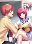  1boy 1girl absurdres angel_beats! blazer brown_hair chair guitar highres instrument iwasawa_masami jacket music open_mouth otonashi_yuzuru playing_guitar playing_instrument red_eyes red_hair school_uniform serafuku shinda_sekai_sensen_uniform short_hair singing skirt sleeves_rolled_up smile thighhighs zen_(kamuro) 