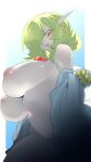  absurd_res anthro breasts clothed clothing female gardevoir generation_3_pokemon green_hair hair hi_res looking_at_viewer nintendo nipples partially_clothed pokemon pokemon_(species) red_eyes rihenara_0024 simple_background solo white_body 