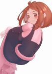  1girl absurdres blue_bodysuit bodysuit boku_no_hero_academia boots brown_eyes brown_hair closed_mouth floating from_behind high_heel_boots high_heels highres itou_kazuki looking_at_viewer looking_back medium_hair multicolored_bodysuit multicolored_clothes pink_bodysuit simple_background smile solo uraraka_ochako white_background 