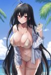  1girl ahoge azur_lane beach bikini black_hair blue_sky breasts cellphone closed_mouth cloud day highres holding holding_phone large_breasts leaning_forward long_hair navel ocean outdoors phone red_eyes shirt single_bare_shoulder sky smartphone solo stomach swimsuit taihou_(azur_lane) taihou_(seaside_daydreams)_(azur_lane) thigh_strap very_long_hair wet white_bikini white_shirt yorugami_rei 
