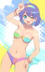  1girl ;d arm_up ass_visible_through_thighs bare_shoulders bikini blue_eyes blue_hair blue_pupils blush bracelet breasts cleavage collarbone cowboy_shot hairband highres index_finger_raised index_fingers_raised jewelry legs_apart looking_at_viewer medium_breasts multicolored_bikini multicolored_clothes multicolored_hairband multiple_bracelets navel one_eye_closed open_mouth rainbow_bikini rainbow_gradient rainbow_hairband shiroi_karasu short_hair smile solo standing strapless strapless_bikini swimsuit tenkyuu_chimata thighs touhou underboob v-shaped_eyebrows 