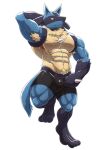  3_toes 5_fingers abs anthro arm_tuft armpit_hair arvie biceps blue_body blue_fur body_hair bulge chest_tuft feet fingers fist forearm_muscles fur generation_4_pokemon hand_on_head hi_res long_ears looking_aside lucario male mouth_closed muscular muscular_male navel nintendo pecs pokemon pokemon_(species) quads red_eyes simple_background solo spikes tail tail_tuft toes triceps tuft white_background yellow_body 