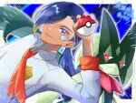  1boy aliquis_(pokemon) arm_up bandaid bandaid_on_face blue_eyes blue_hair closed_mouth collared_shirt commentary_request highres holding holding_poke_ball kamicho_musharu long_hair looking_at_viewer male_focus meowscarada necktie orange_necktie poke_ball poke_ball_(basic) pokemon pokemon:_paldean_winds pokemon_(creature) ponytail shirt smile 