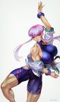  1girl arm_up blue_eyes breasts dougi highres hime_cut large_breasts leg_up manon_(street_fighter) martial_arts_belt muscular muscular_female nextoad off_shoulder pink_hair sidelocks skin_tight spandex street_fighter street_fighter_6 toned wristband 