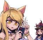  2girls ahri_(league_of_legends) akali animal_ears black_headwear blonde_hair bracelet choker collarbone crossed_arms earrings facial_mark fox_ears hands_up holding holding_phone jacket jewelry k/da_(league_of_legends) k/da_ahri k/da_akali league_of_legends long_hair multiple_girls open_clothes open_jacket orange_eyes phantom_ix_row phone ponytail purple_choker purple_jacket simple_background sweat whisker_markings 