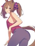  1girl animal_ears armpits ass bare_shoulders black_pants breasts brown_eyes brown_hair commentary_request cowboy_shot from_behind highres horse_ears horse_girl horse_tail looking_at_viewer looking_back medium_hair official_alternate_costume pants pink_tank_top sideboob simple_background small_breasts smart_falcon_(umamusume) smart_falcon_(yoga_falko)_(umamusume) solo tail tank_top twintails umamusume wa_(wamizest7) white_background yoga_pants 