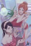  2girls alternate_costume bare_shoulders black_hair blue_eyes brown_eyes dice earrings food fruit hair_bun hairband heart heart_earrings highres holding_dice indoors jewelry light_bulb long_hair mandarin_orange multiple_girls nami_(one_piece) nico_robin nsgw one_piece open_mouth orange_hair short_sleeves single_hair_bun smile teeth vending_machine 