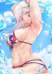  1girl ;d absurdres american_flag_bikini armpits arms_up asymmetrical_bangs bikini blush breasts bun_cover fate/grand_order fate_(series) flag_print front-tie_bikini_top front-tie_top grin groin highres kueru_1285 large_breasts looking_at_viewer miyamoto_musashi_(fate) miyamoto_musashi_(swimsuit_berserker)_(fate) navel one_eye_closed sideboob smile solo splashing swimsuit underboob water_drop white_hair 