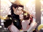  1boy 1girl aerith_gainsborough armor bare_shoulders black_gloves black_hair blurry blurry_background braid braided_ponytail brown_hair church closed_eyes commentary couple crisis_core_final_fantasy_vii dated dress falling_petals final_fantasy final_fantasy_vii flower gloves hair_flower hair_ornament hair_pulled_back hair_ribbon hand_on_another&#039;s_arm heads_together height_difference hug indoors long_hair looking_at_another one_eye_closed parted_bangs parted_lips petals pink_dress pink_ribbon ribbed_sweater ribbon shoulder_armor signature sleeveless sleeveless_dress sleeveless_turtleneck smile spiked_hair stained_glass sweater tang_xinzi turtleneck turtleneck_sweater upper_body yellow_flower zack_fair 