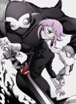  1other a_tama_(pakpak_tkg) absurdres black_dress black_eyes blunt_bangs bracelet crona_(soul_eater) dress highres holding holding_sword holding_weapon jewelry long_dress outline pink_hair ragnarok_(demon_sword) short_hair soul_eater spiked_bracelet spikes sword unhappy weapon white_background white_outline 