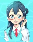  1girl absurdres blue_eyes blue_hair blush hair_bun highres hugtto!_precure long_hair mitsuki_tayura open_mouth over-rim_eyewear precure red-framed_eyewear semi-rimless_eyewear single_hair_bun yakushiji_saaya 