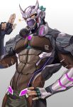  1boy abs absurdres armor bara breastplate danzo_(live_a_hero) fishnets hand_on_own_hip headphones headphones_around_neck helmet highres live_a_hero male_focus mechanical_parts muscular muscular_male one_eye_closed pectorals salute scar solo tokuninai_hito two-finger_salute upper_body wink_star 