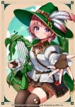  1girl bard belt blush brown_belt brown_gloves brown_hair brown_skirt cape fingerless_gloves gloves green_cape green_headwear hat_feather highres jack_and_the_beanstalk lyre mahiro_(mahiron1062) official_art purple_eyes sasuga_chisa short_hair skirt smile solo thighhighs world_dai_star 