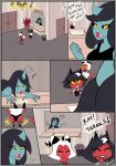  anthro black_hair bulge comic demon dialogue digital_media_(artwork) female hair helluva_boss hi_res horn humanoid imp male millie_(helluva_boss) moxxie_(helluva_boss) red_body speech_bubble sushigoat tail white_hair yellow_sclera 