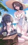  2girls beach black_hair blue_archive blue_eyes blue_sky blush breasts hair_over_one_eye halo highres hinata_(blue_archive) hinata_(swimsuit)_(blue_archive) large_breasts long_hair multiple_girls nima_(niru54) open_mouth red_eyes sidelocks sky small_breasts smile swept_bangs ui_(blue_archive) ui_(swimsuit)_(blue_archive) very_long_hair 