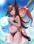  3girls absurdres animal_ears ball beachball behind_another bikini bow breasts brown_hair closed_eyes collarbone crying day facing_another fisheye glowstick hair_intakes hair_over_one_eye haru_urara_(umamusume) highleg highres holding holding_ball holding_beachball holding_glowstick horse_ears horse_girl horse_tail long_hair multiple_girls one-piece_swimsuit open_mouth outdoors pink_hair purple_eyes rice_shower_(umamusume) small_breasts smile standing streaming_tears swimsuit tail tears thigh_gap umamusume very_long_hair wading water wet yomikara01 