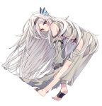  1girl armpit_crease bandaged_leg bandages bent_over black_hairband blush closed_mouth detached_sleeves dress fins foot_up foot_wraps from_side full_body grey_dress grey_hair grey_sleeves hairband hand_on_own_knee head_fins highres long_dress long_sleeves looking_at_viewer no_shoes original parted_bangs red_eyes shiro_youduki side-tie_dress side_slit sideways simple_background solo white_background 