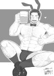  1boy ^_^ abs absurdres alcohol animal_ears arm_hair bara beard beard_stubble beer beer_mug bow bowtie bulge chest_hair closed_eyes cup detached_collar drunk facial_hair greyscale hairy heart highres large_pectorals leg_hair male_focus male_playboy_bunny mature_male monochrome mug muscular muscular_male mustache_stubble navel navel_hair niichi_(niichi21) nipples pectorals rabbit_ears shoes short_hair socks solo spoken_heart textless_version thick_thighs thighs thumbs_up topless_male wrist_cuffs yarofes:2023 