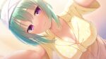  1girl absurdres blurry blurry_background blush breasts cleavage closed_mouth collarbone commentary_request double-parted_bangs dutch_angle eyelashes eyes_visible_through_hair foreshortening from_below fumimaru girl_on_top green_hair hair_between_eyes hairband head_tilt highres large_breasts lips looking_at_viewer medium_hair polka_dot polka_dot_shirt pov purple_eyes shirt short_sleeves sidelocks simple_background smile solo takadate_orie tenshi_souzou upper_body white_hairband yellow_shirt 