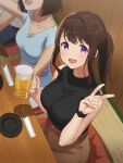  1girl absurdres beer_mug black_footwear blush breasts brown_hair cleavage collarbone cup emu_(emum) highres holding holding_cup large_breasts looking_at_viewer mug original people ponytail purple_eyes restaurant ribbed_shirt shirt sidelocks sitting sleeveless sleeveless_shirt smile solo solo_focus v watch wristwatch 