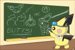  2023 artist_logo butt chalk chalkboard chalkboard_eraser drawing english_text eyewear eyewear_on_head feral fur generation_2_pokemon goggles goggles_on_head hi_res logo male nintendo pichu pichu90 pokemon pokemon_(species) scarf solo sparks_pichu text white_scarf yellow_body yellow_fur 