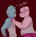  2023 angry anthro azulin_(unicorn_wars) bear black_nose blue_body blue_eyes bottomwear clothing dialogue duo gordi_(unicorn_wars) hi_res mammal pants pink_body pink_eyes red_background shirt simple_background slightly_chubby spanish_text text topwear unicorn_wars zadscat 