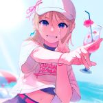  absurdres baseball_cap beach drink hat highres midriff_peek mob_cap pointing ritao_kamo v 