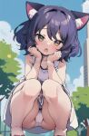  1girl ai-generated animal_ears blush cat_ears cat_girl cat_tail cyan_(show_by_rock!!) dress looking_at_viewer open_mouth outdoors panties pantyshot solo squatting tail underwear white_dress yellow_eyes 