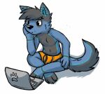  2015 anthro biped black_nose black_seam_underwear blue_body blue_ears blue_fur blue_tail boxers_(clothing) canid canine claws clothed clothing colored_seam_underwear crossed_legs fur gaokun grey_body grey_ears grey_fur grey_hair grey_inner_ear grey_tail hair male mammal monotone_hair multi_tone_fur multi_tone_tail multicolored_ears orange_clothing orange_underwear solo tail toe_claws two_tone_ears underwear underwear_only 