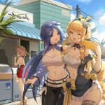  3girls :o ;d absurdres bandeau bare_arms bare_back bare_shoulders belt black_pants blonde_hair blue_sky breasts building cellphone charlotte_(genshin_impact) cleavage clorinde_(genshin_impact) commentary_request day eyewear_on_head genshin_impact hand_up hat highres holding holding_phone jiusan_naitang large_breasts leggings looking_at_viewer midriff multiple_girls navel navia_(genshin_impact) one_eye_closed open_mouth outdoors pants phone pink_hair purple_eyes purple_hair red_skirt skirt sky smartphone smile standing stomach strapless sun_hat sunglasses thighlet thighs tube_top white_belt 