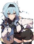  1girl bare_shoulders bent_over black_gloves black_hairband blue_cape blue_hair blue_necktie blush boots breasts cape chest_harness clothing_cutout cowboy_shot diamond_(shape) eula_(genshin_impact) genshin_impact gloves hair_between_eyes hair_ornament hairband hand_on_own_ass hand_on_own_chest harness high-waist_shorts highres kyou_039 leaning_forward long_sleeves looking_at_viewer medium_breasts medium_hair multicolored_eyes necktie parted_bangs parted_lips see-through_cutout shorts shoulder_cutout sidelocks simple_background solo star_(symbol) thigh_boots vision_(genshin_impact) white_background white_sleeves yellow_eyes 