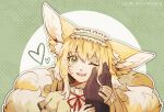  1girl 1other absurdres animal_ear_fluff animal_ears aqua_hairband arknights blonde_hair cardigan commentary english_commentary fangs fox_ears fox_girl fox_tail frilled_hairband frills green_background green_eyes hairband hand_on_another&#039;s_cheek hand_on_another&#039;s_face heart highres kitsune kyuubi leorlontyan long_hair multicolored_hair multiple_tails neck_ribbon official_alternate_costume one_eye_closed open_cardigan open_clothes open_mouth red_ribbon ribbon shirt solo_focus suzuran_(arknights) suzuran_(spring_praise)_(arknights) tail teeth two-tone_hair upper_body white_hair white_shirt yellow_cardigan 